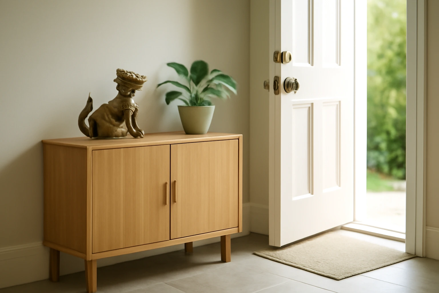 Đặt vật phẩm ở cửa ra vào và tiền sảnh: kệ giày, gương đối cửa, linh vật đón khách và những chỗ nên để trống