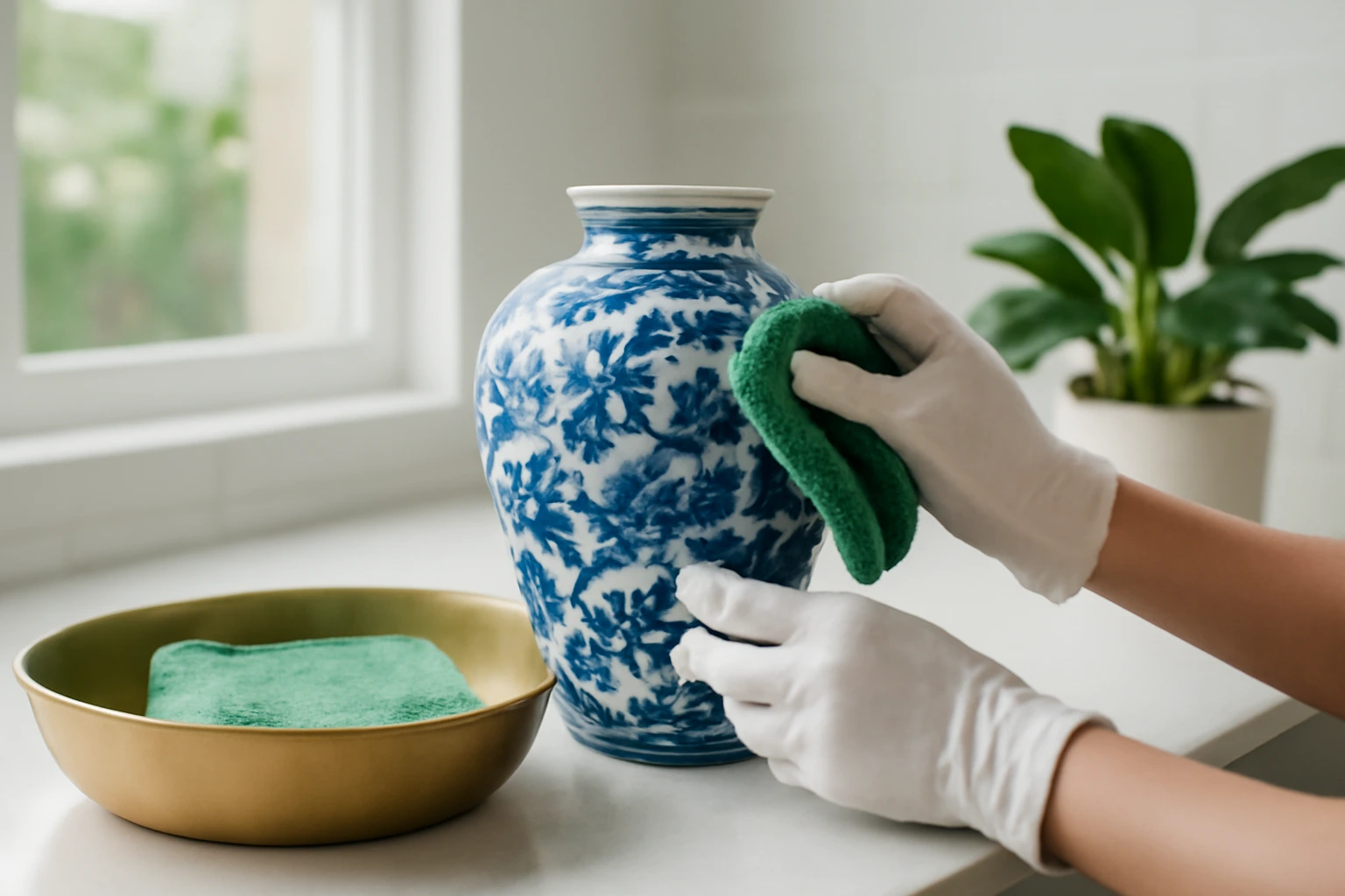 Vệ sinh gốm sứ trưng bày: bình men, lục bình, đĩa cảnh và tượng gốm giữ men bóng mà không rạn, không mẻ